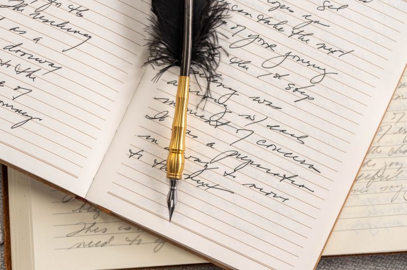 Feather pen lying on top of journal with writing